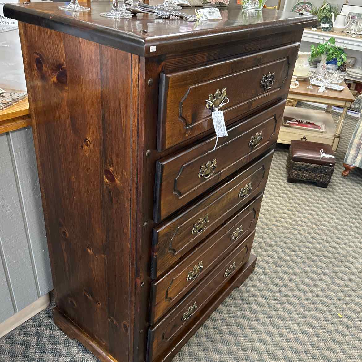 Tall Wood 5 Drawer Chest w/Brass Handles