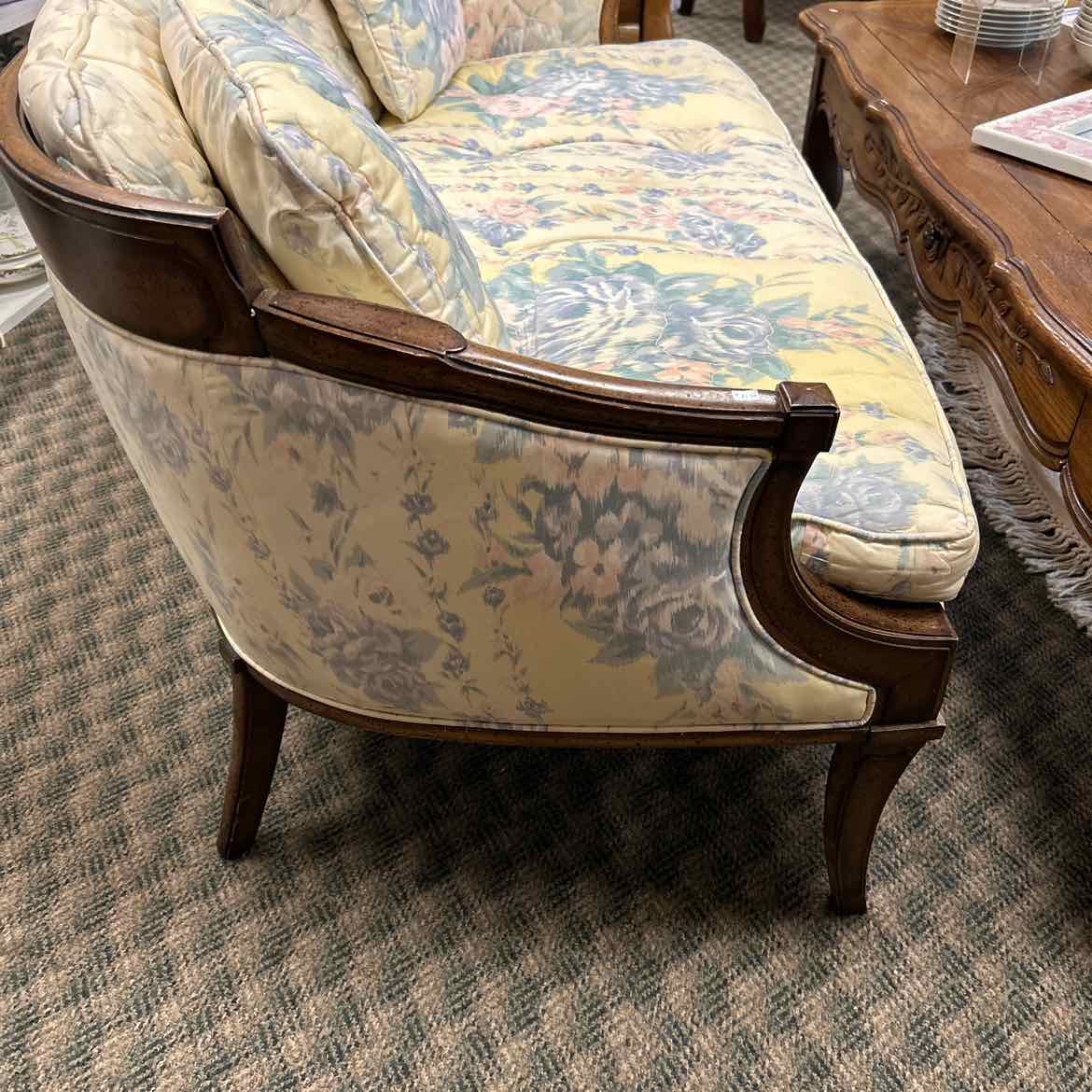 Pastel Floral Settee w/Wood Arms