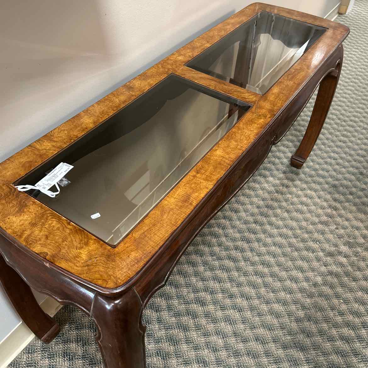 Burled Wood & Beveled Glass Sofa Table