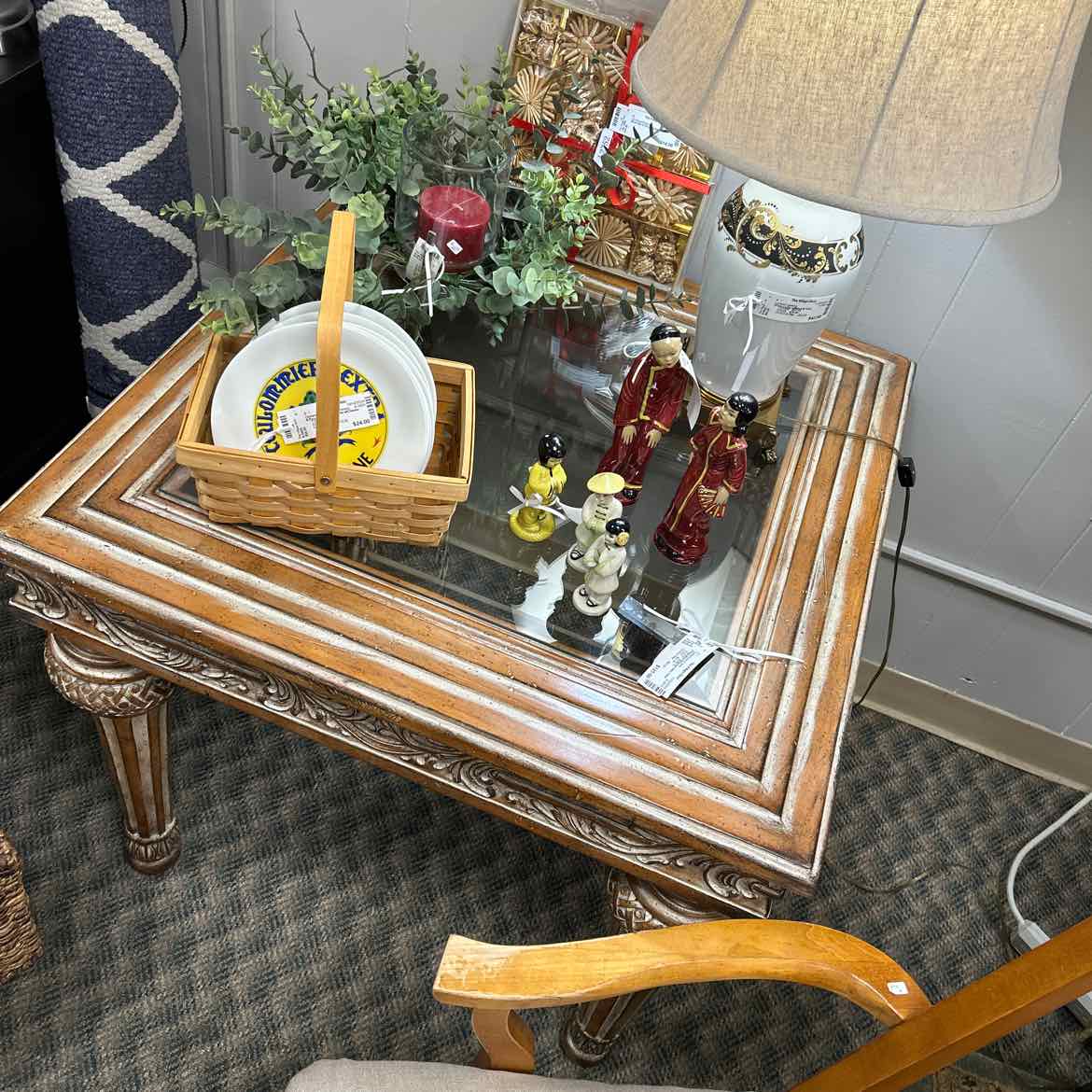 Ornate White Washed Side Table w/Glass