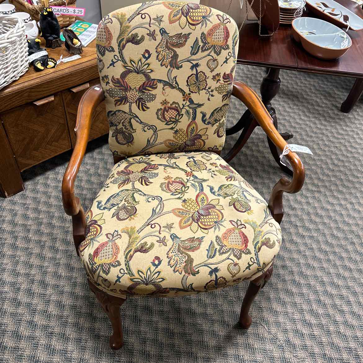 Tan Floral Upholstered Arm Chair