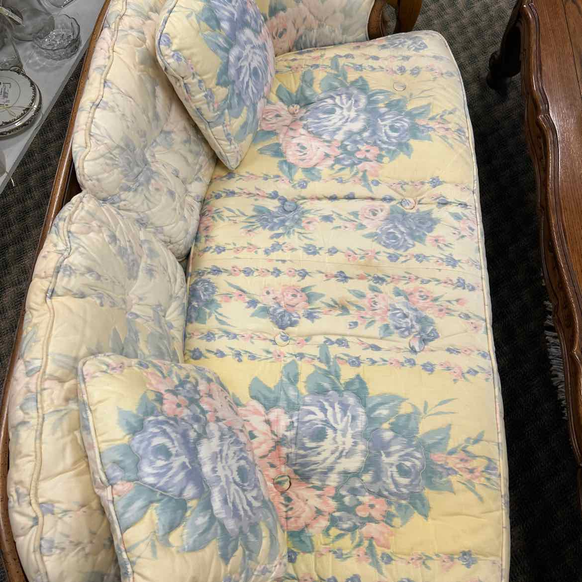 Pastel Floral Settee w/Wood Arms