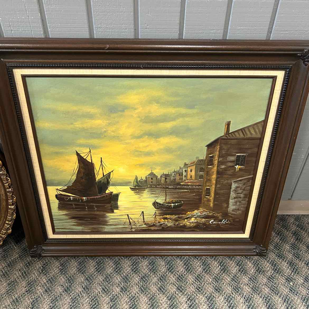 Oil Painting of Sailboat & Buildings