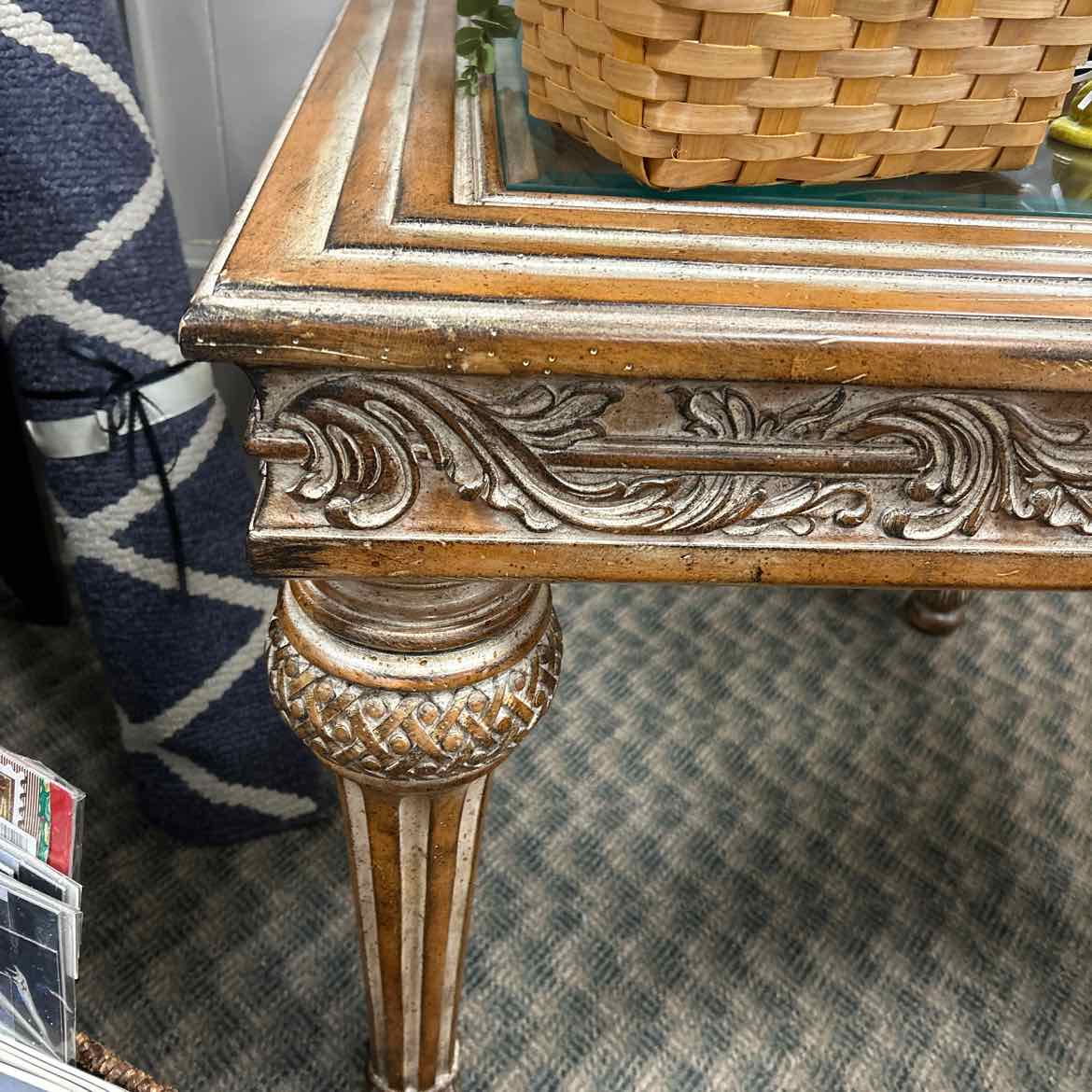 Ornate White Washed Side Table w/Glass