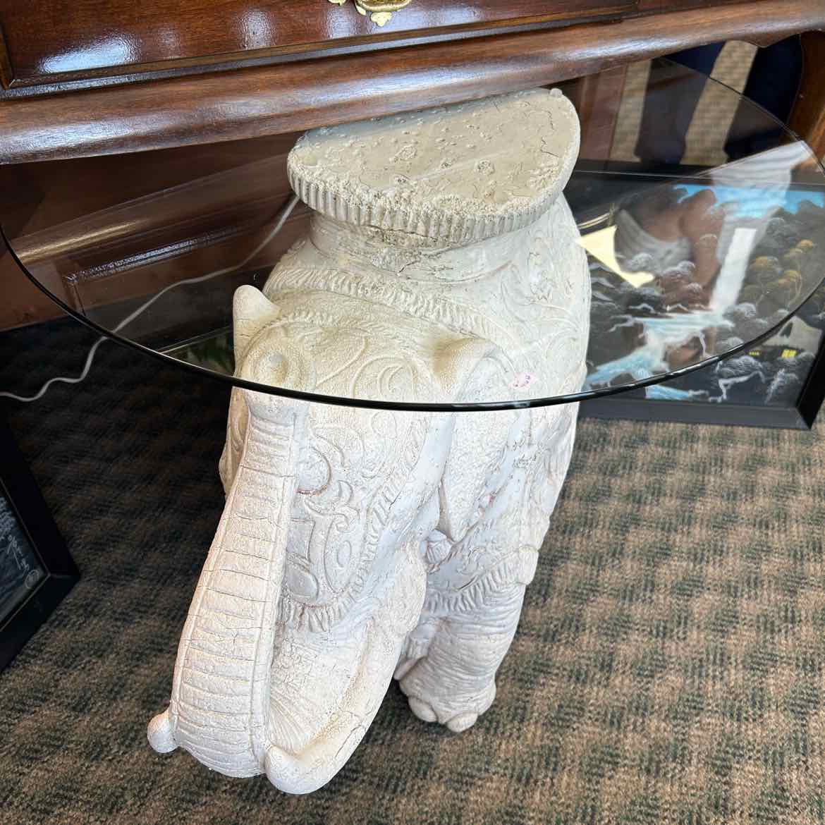 White Plaster Elephant Table w/Glass Top