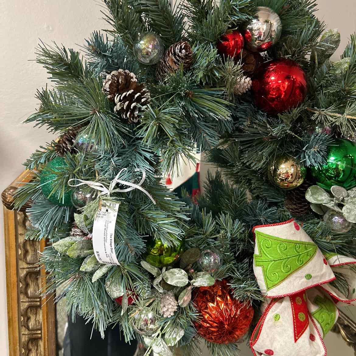 Large Wreath w/Ornaments & Pine Cones