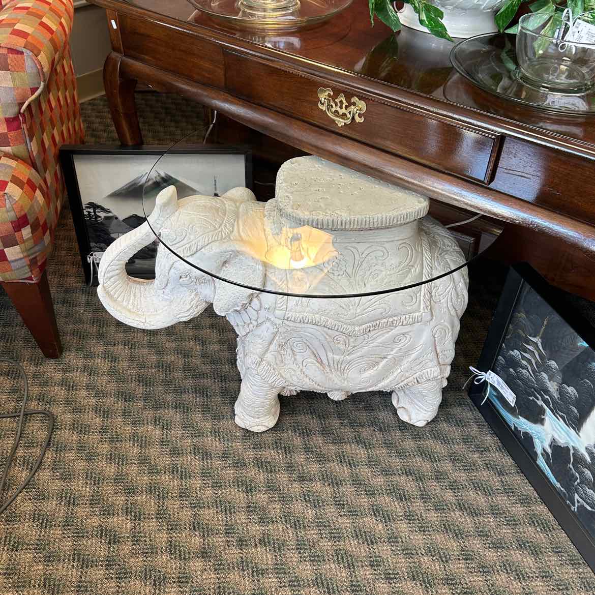 White Plaster Elephant Table w/Glass Top