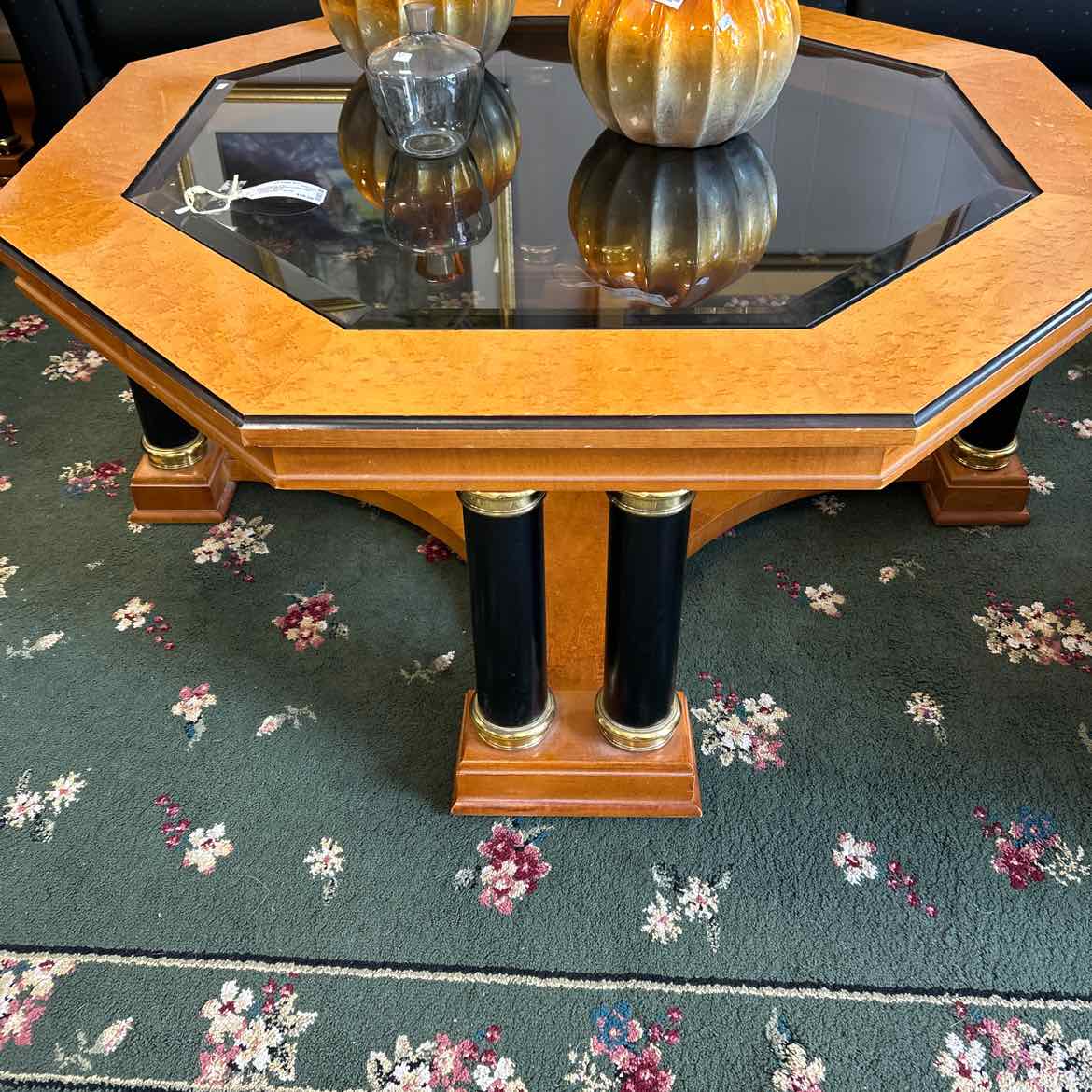 Octagon Wood & Glass Coffee Table w/Black Legs