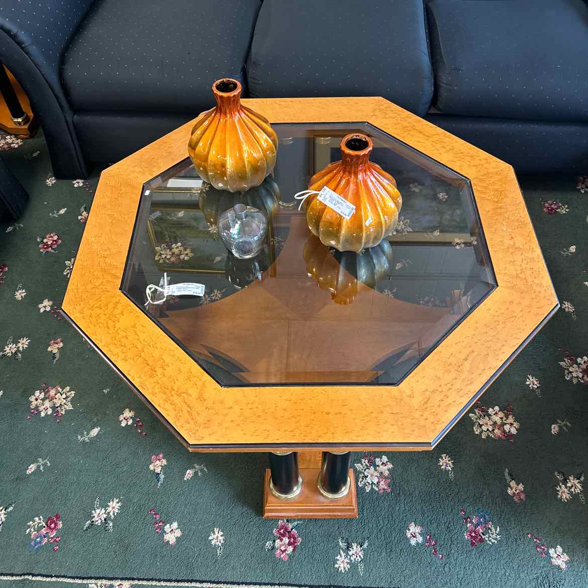 Octagon Wood & Glass Coffee Table w/Black Legs