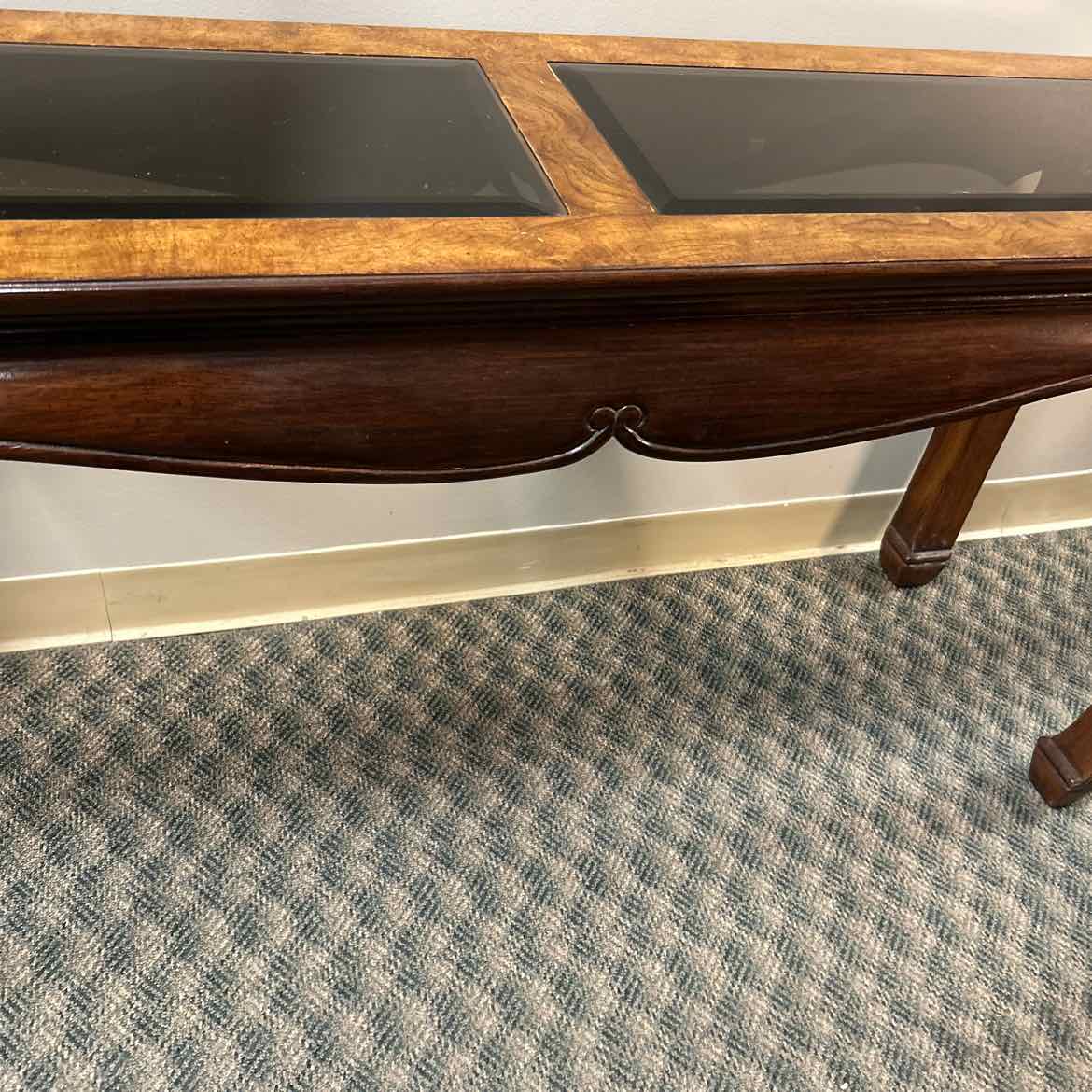 Burled Wood & Beveled Glass Sofa Table