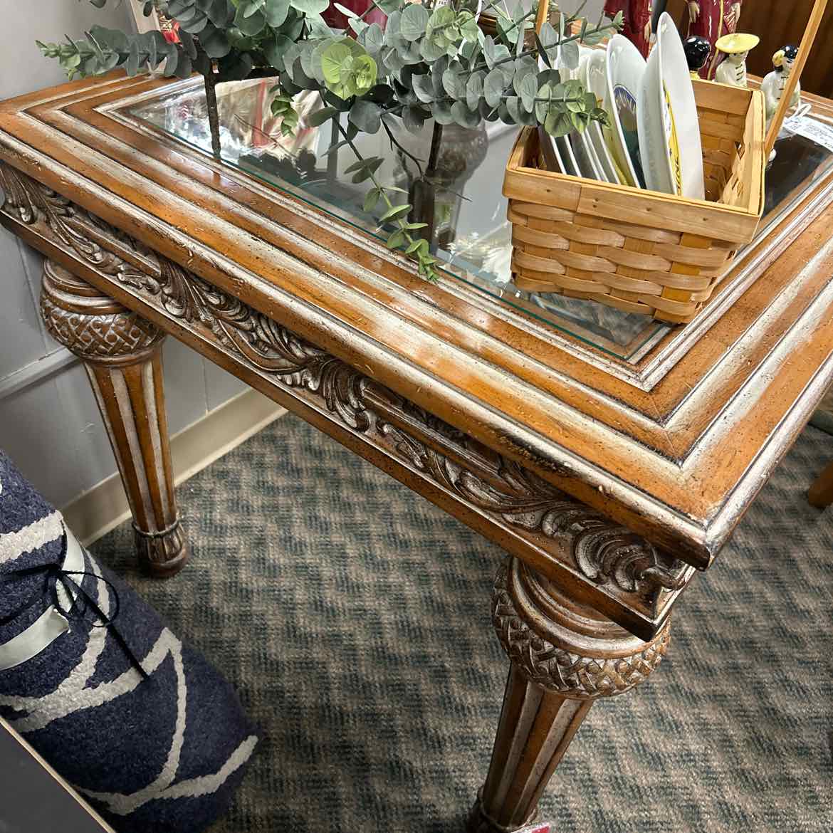 Ornate White Washed Side Table w/Glass