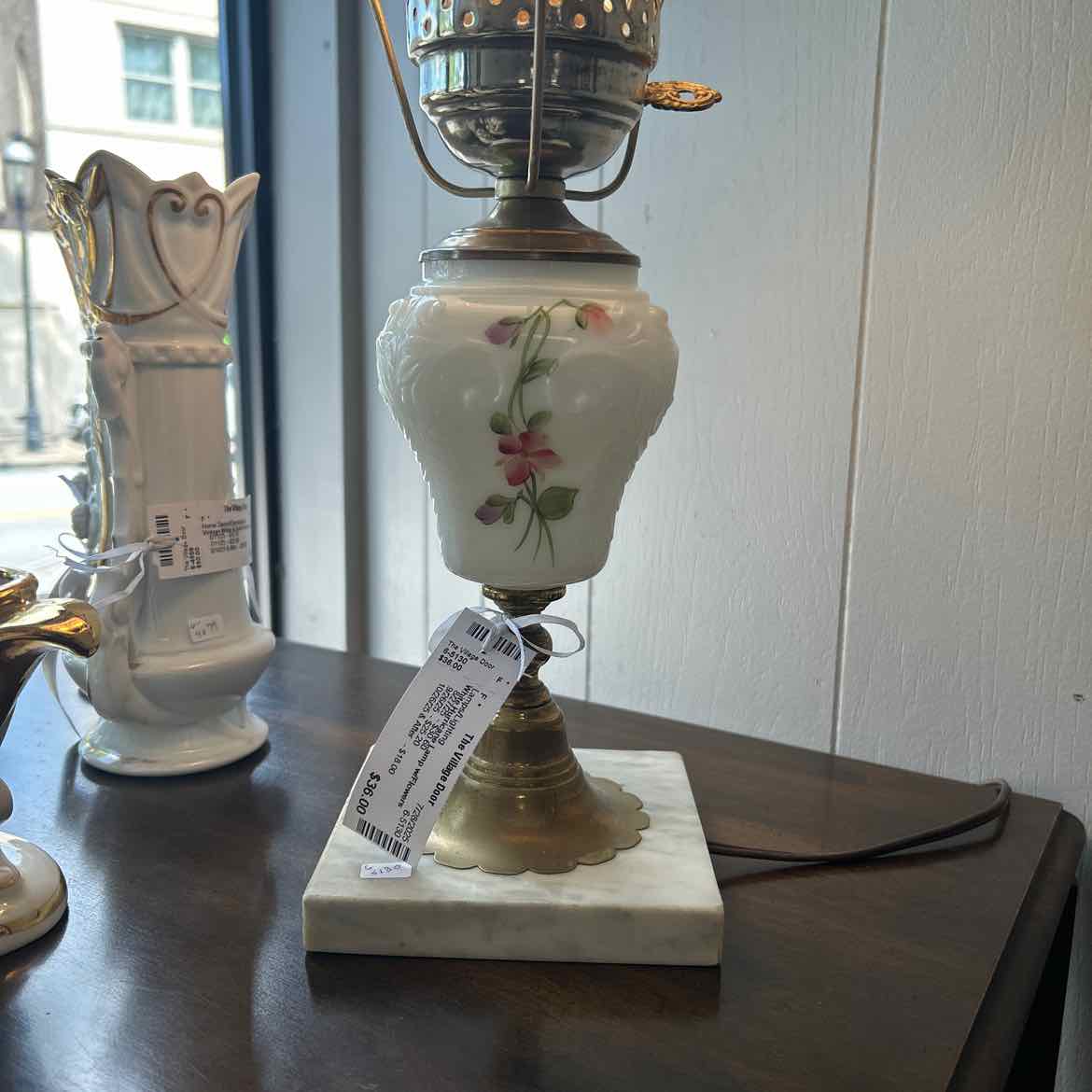 White Hurricane Lamp w/Flowers