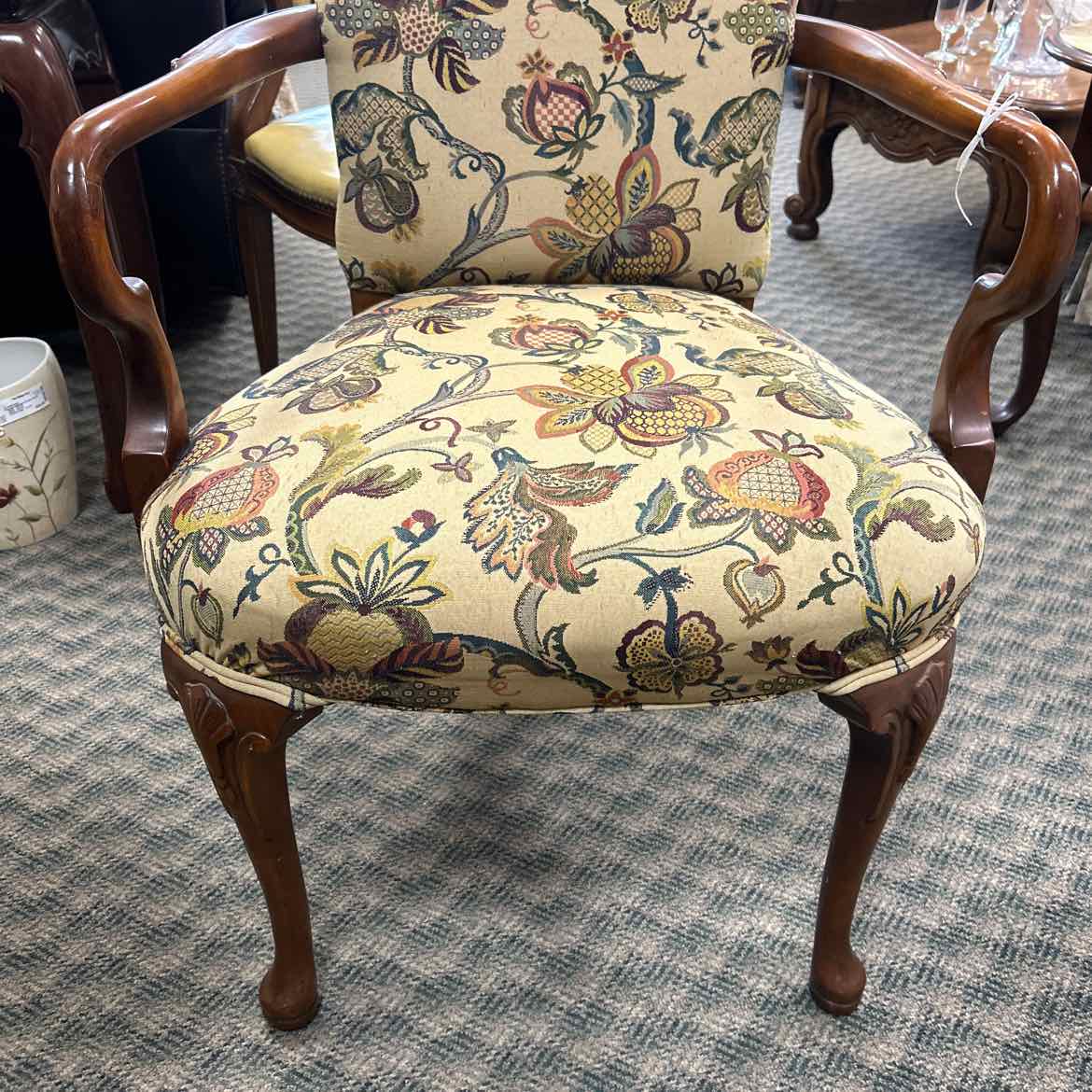 Tan Floral Upholstered Arm Chair