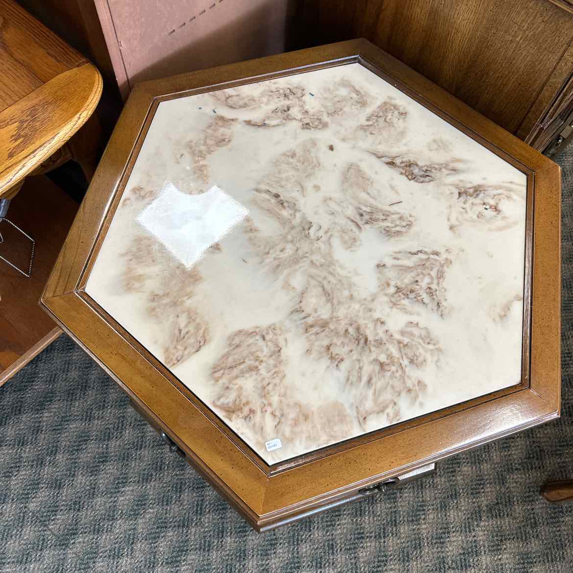 Hexagon Wood End Table w/Marble Top