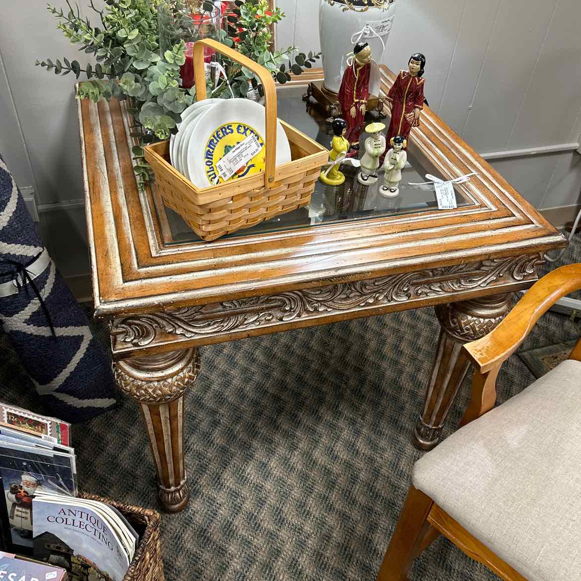 Ornate White Washed Side Table w/Glass