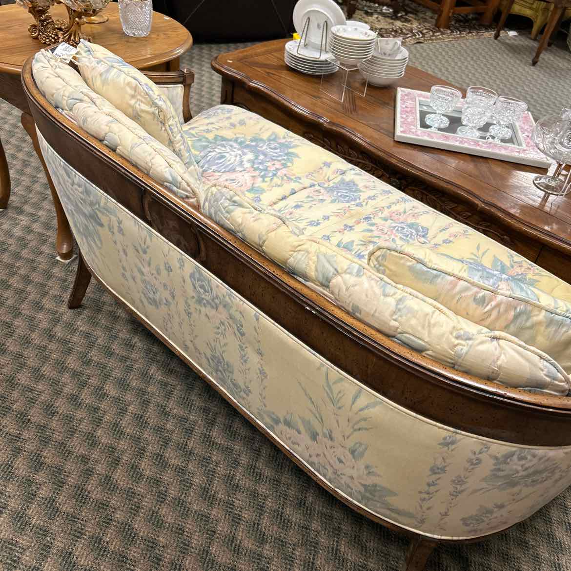 Pastel Floral Settee w/Wood Arms