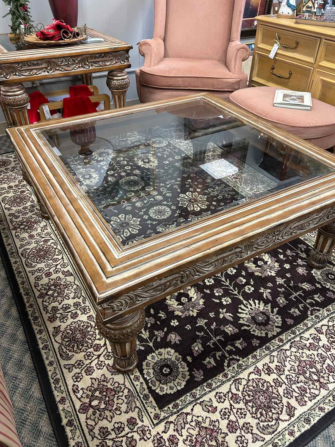 Ornate Square Wood Whitewash Coffee Table AS IS