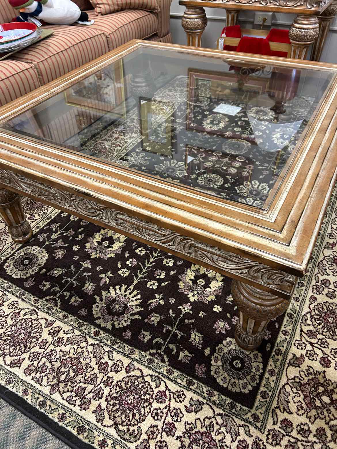 Ornate Square Wood Whitewash Coffee Table AS IS
