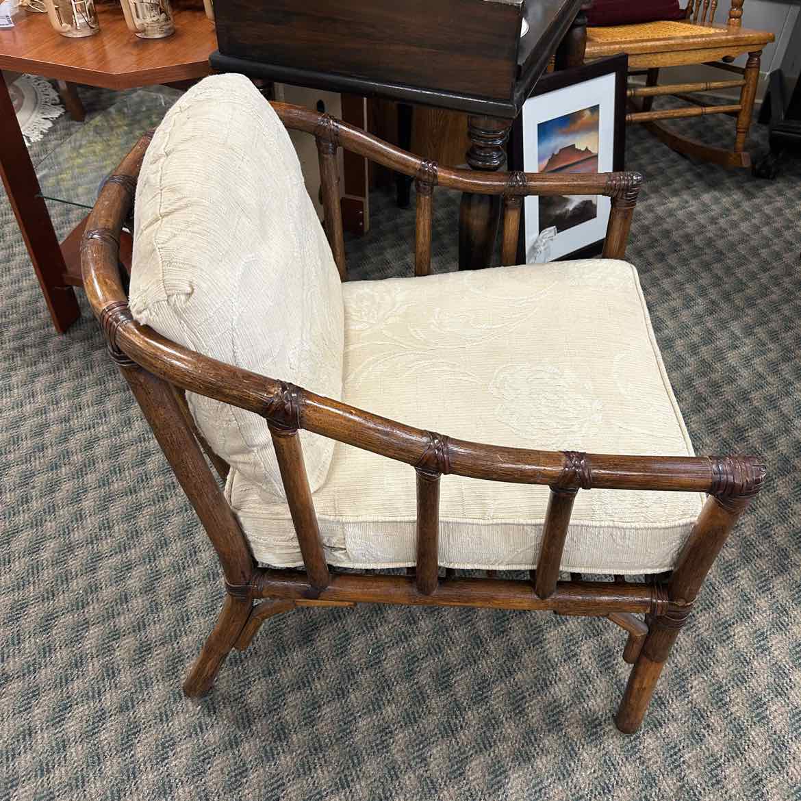 Wood Bamboo Chair w/Cream Cushion