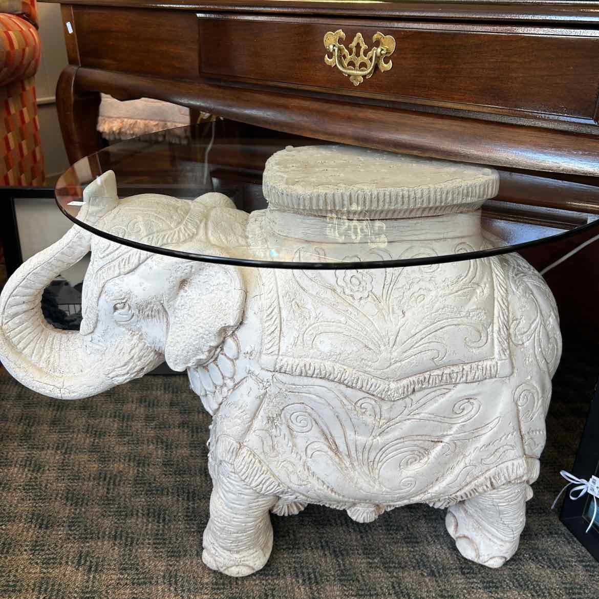 White Plaster Elephant Table w/Glass Top