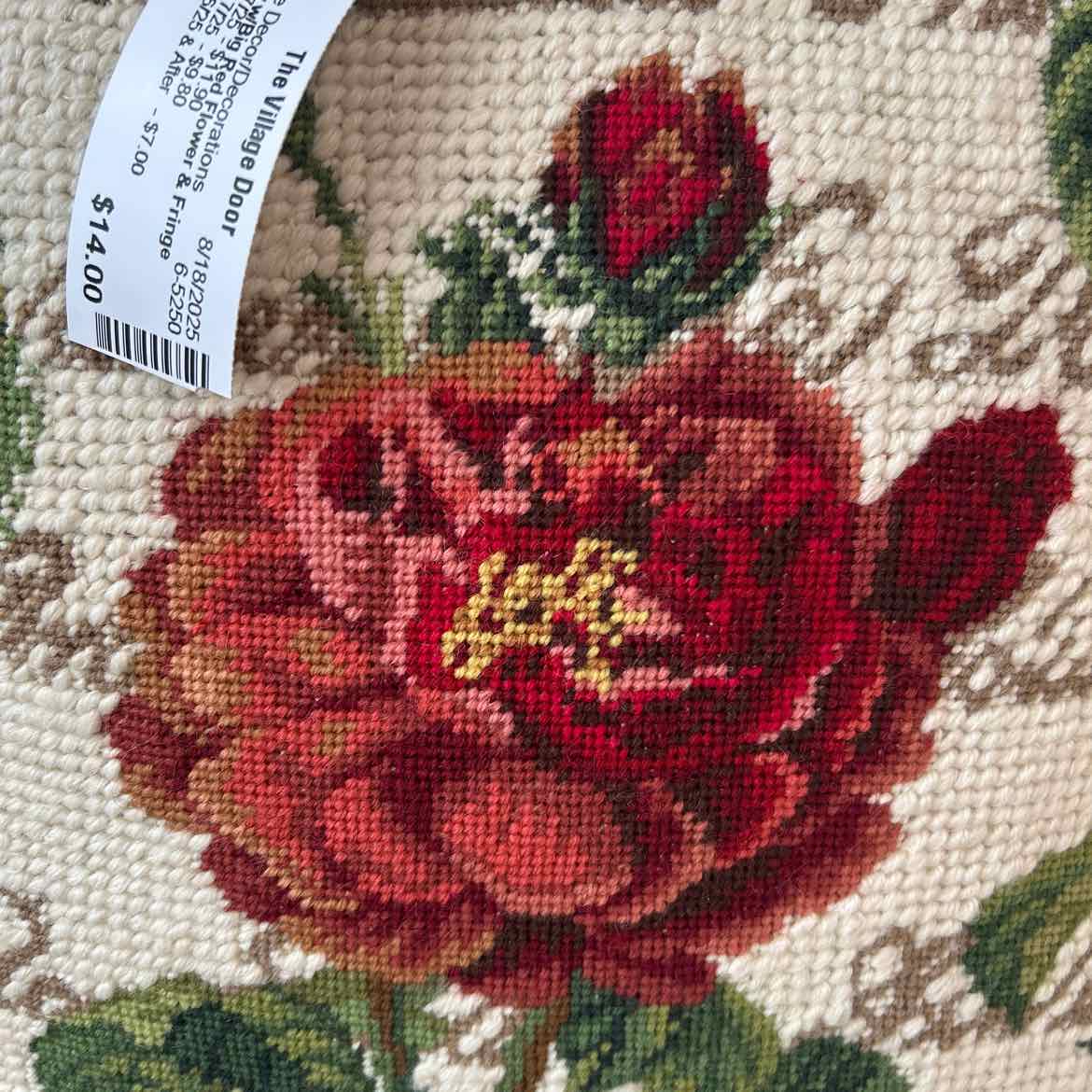 Pillow w/Big Red Flower & Fringe