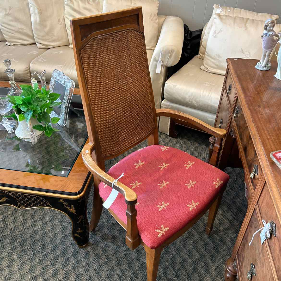 Wood Arm Chair w/Red Upholstered Seat