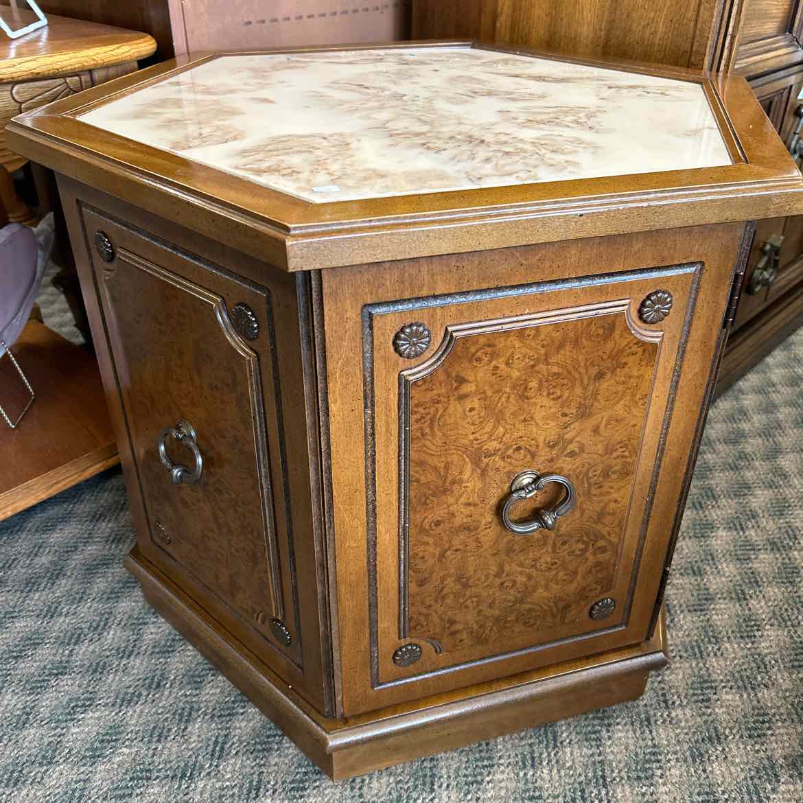Hexagon Wood End Table w/Marble Top