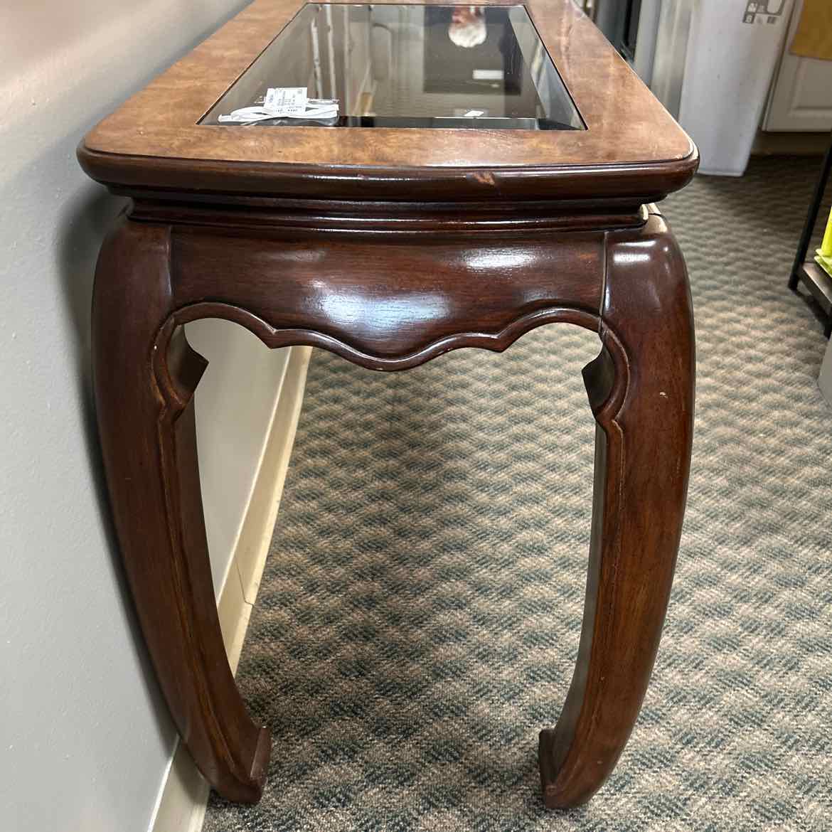 Burled Wood & Beveled Glass Sofa Table