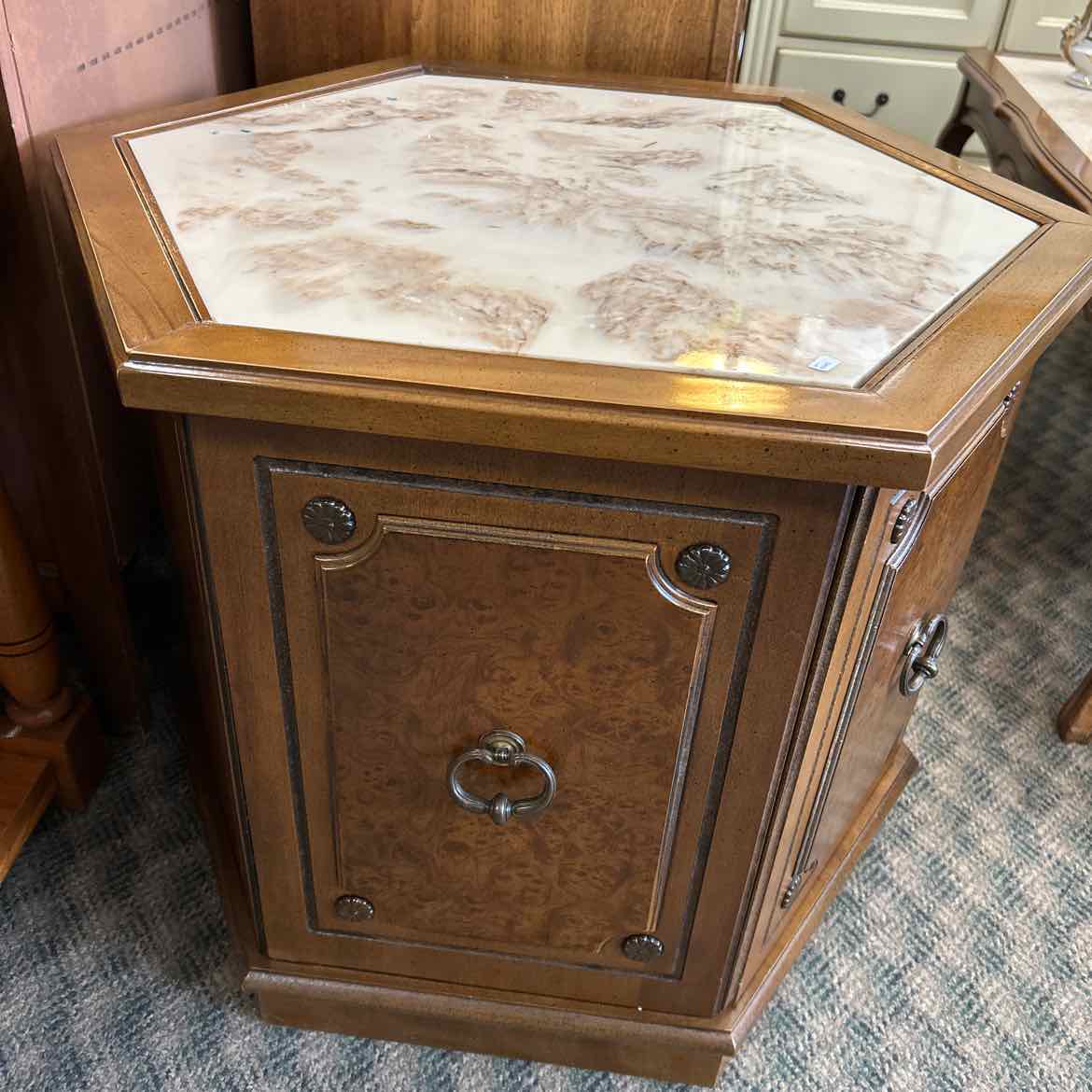 Hexagon Wood End Table w/Marble Top