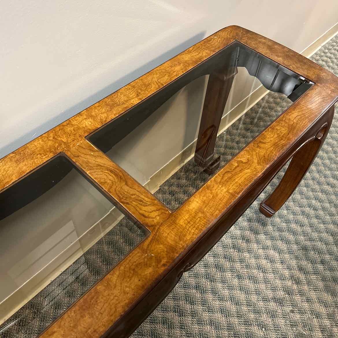 Burled Wood & Beveled Glass Sofa Table