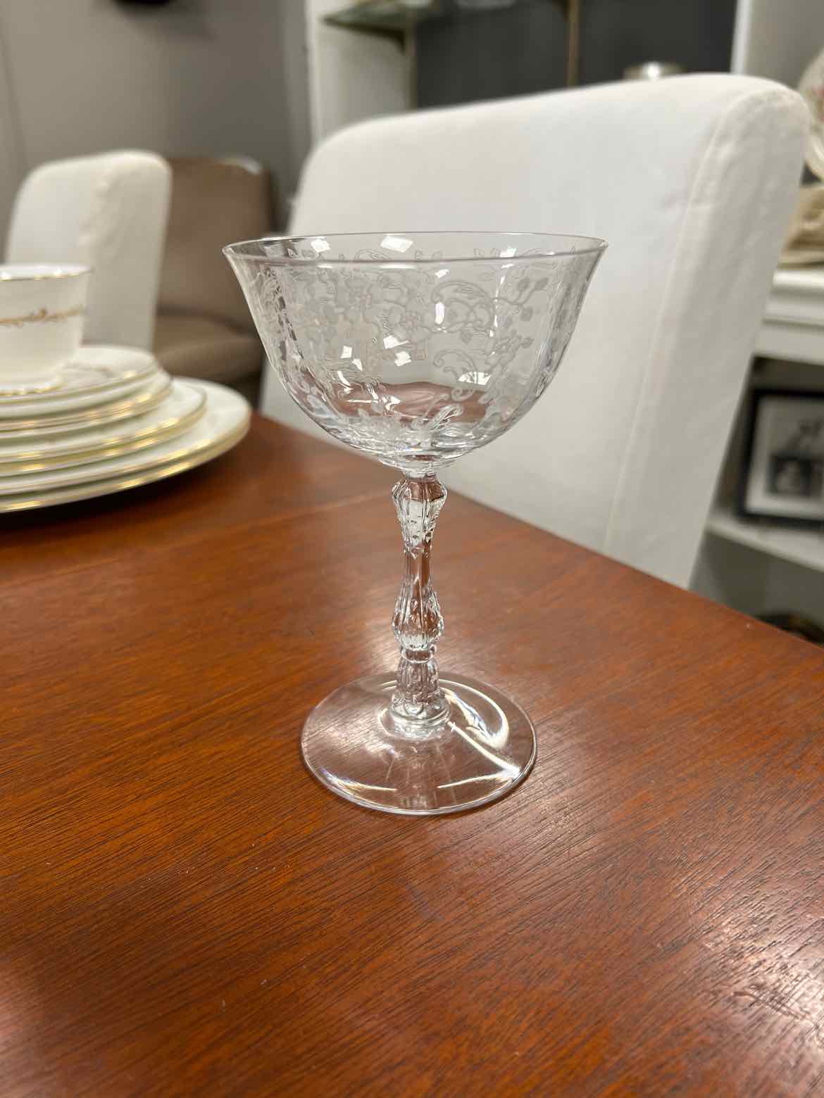 6 Etched Crystal Wine Glasses
