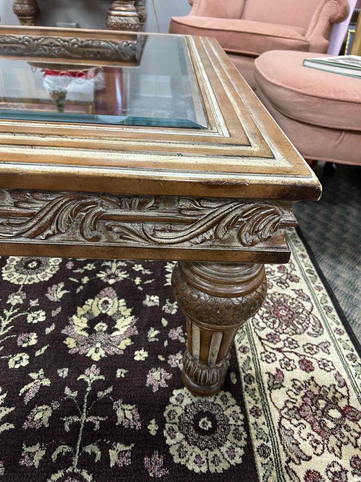 Ornate Square Wood Whitewash Coffee Table AS IS