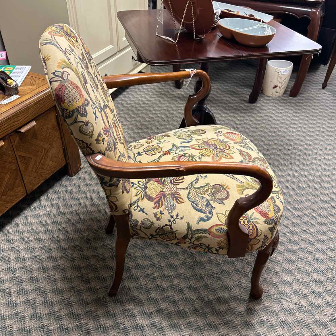 Tan Floral Upholstered Arm Chair