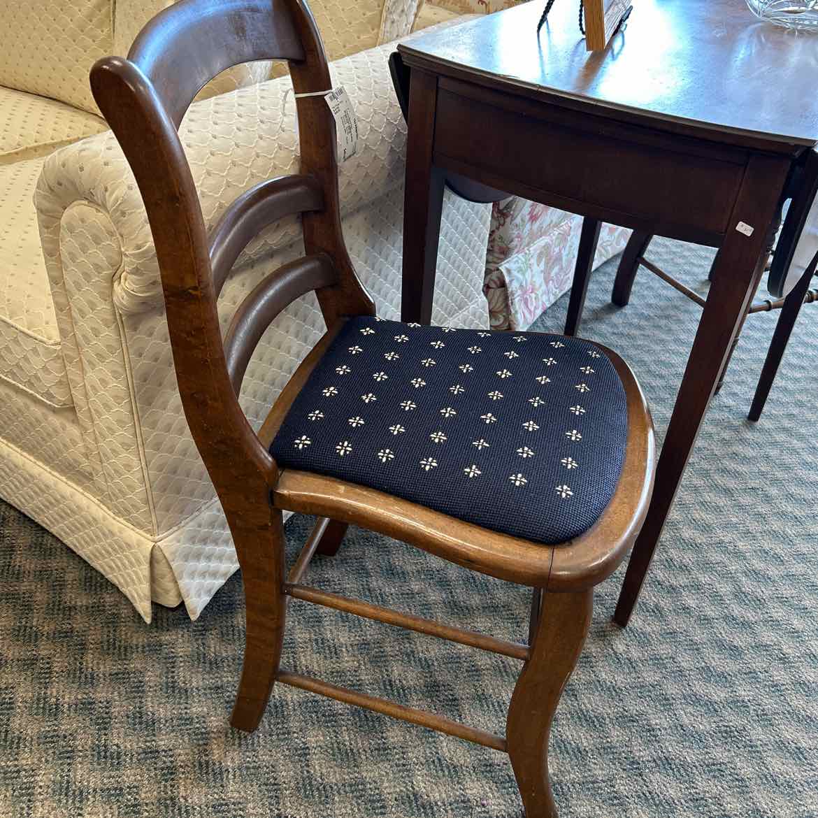 Wood Chair w/Blue & White Upholstered Seat