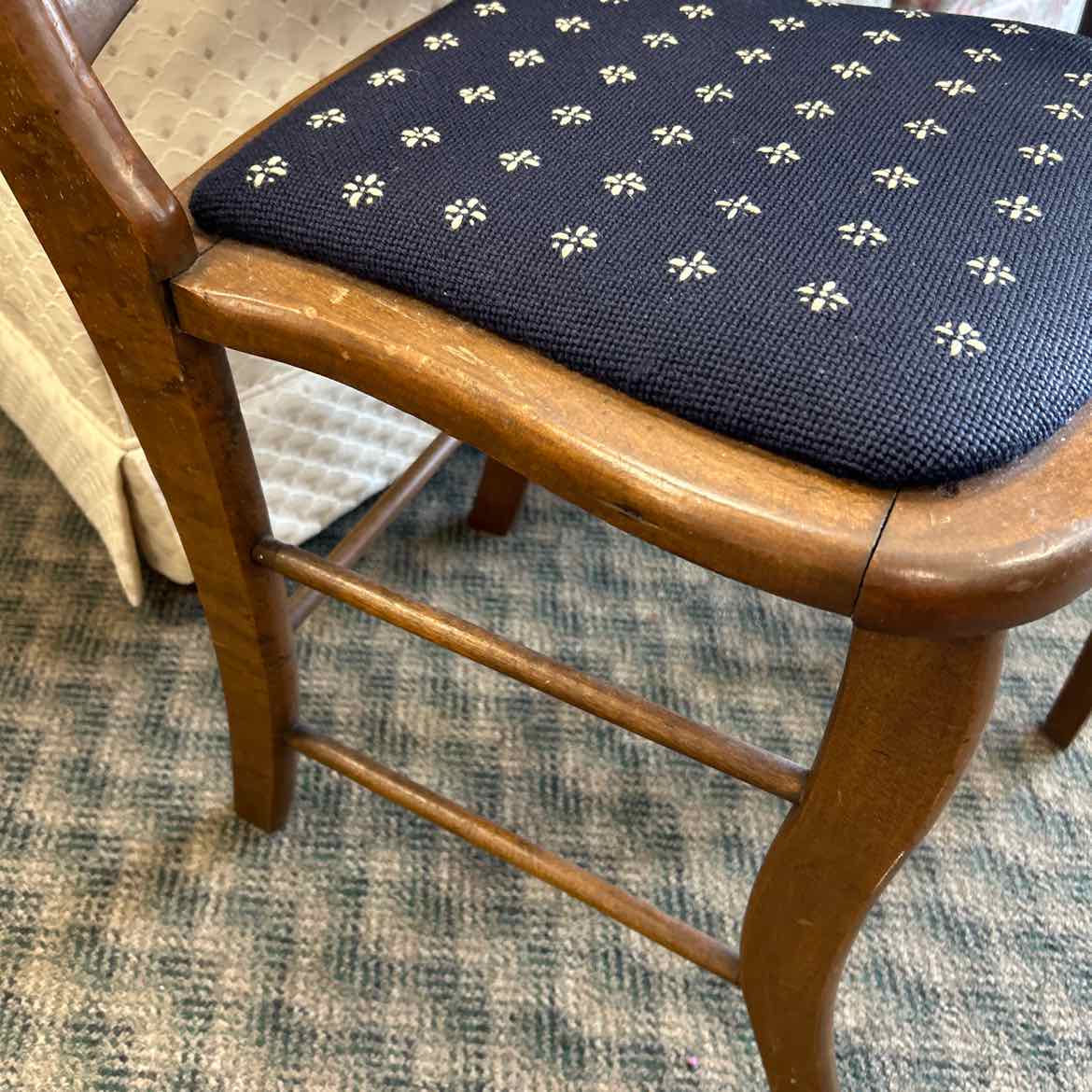 Wood Chair w/Blue & White Upholstered Seat