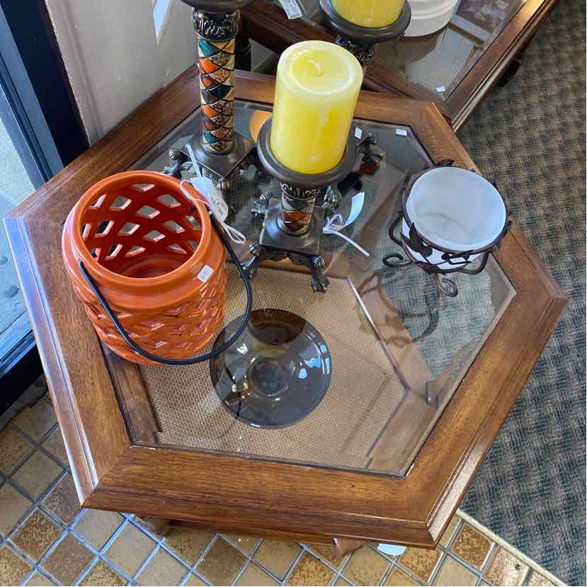 Wood & Glass Octagon End Table w/Shelf