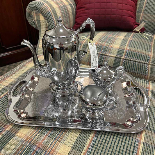 4 pc Silver-Colored Coffee Service w/Tray