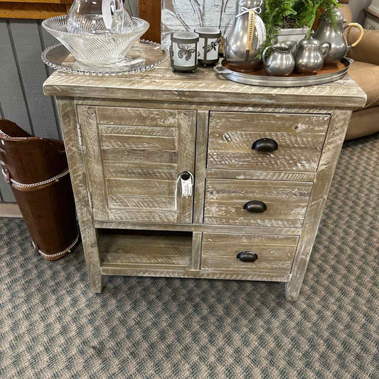 Tan Distressed Wood Cabinet w/3 Drawers