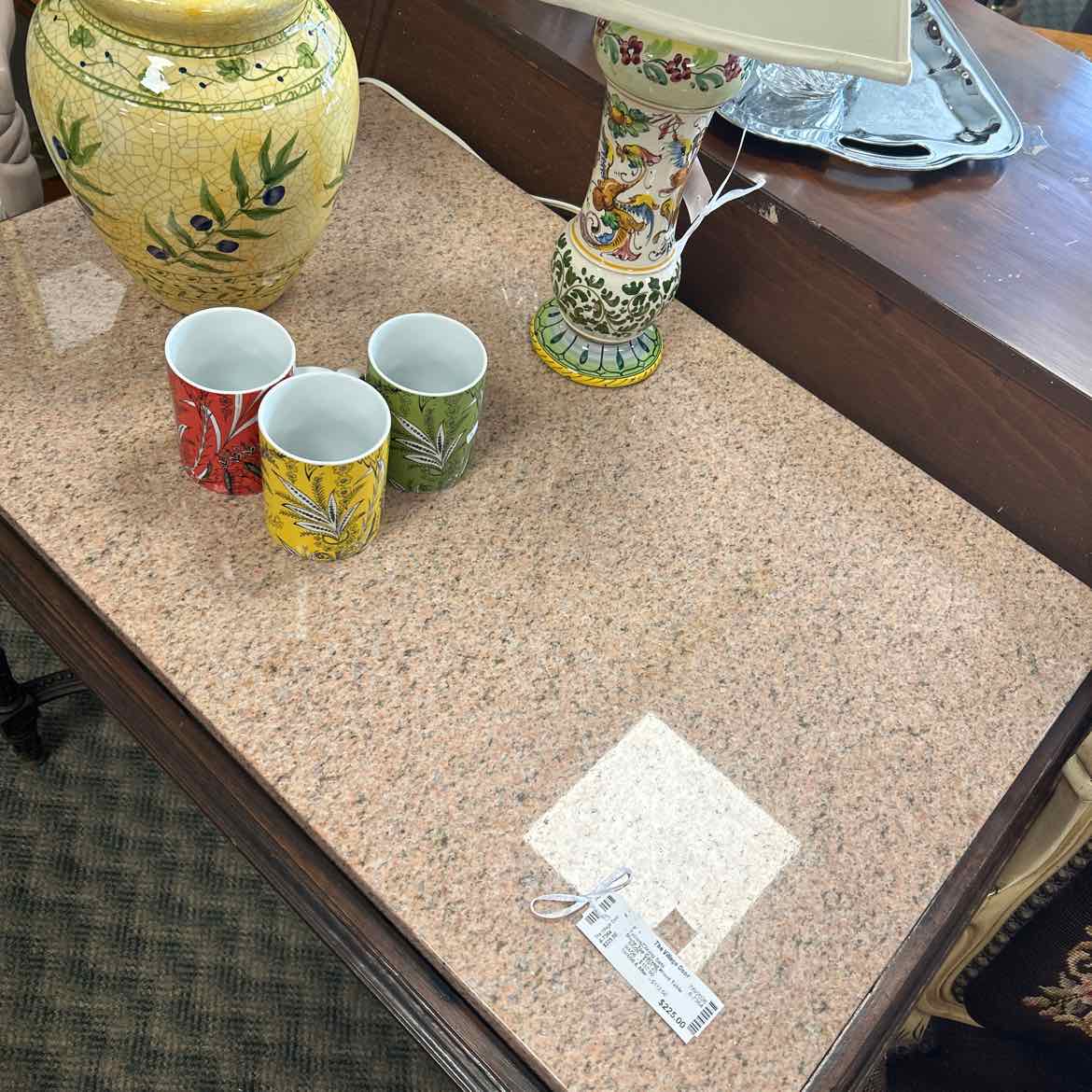 Stone Top Carved Wood Table