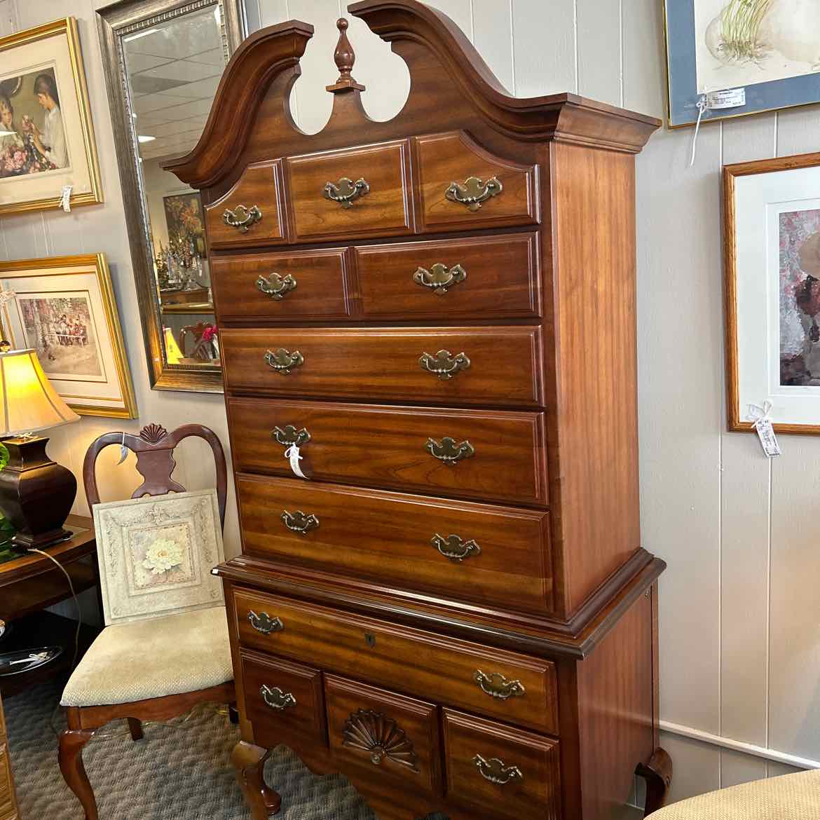 2 pc Highboy Wood Dresser w/Scrolled Top