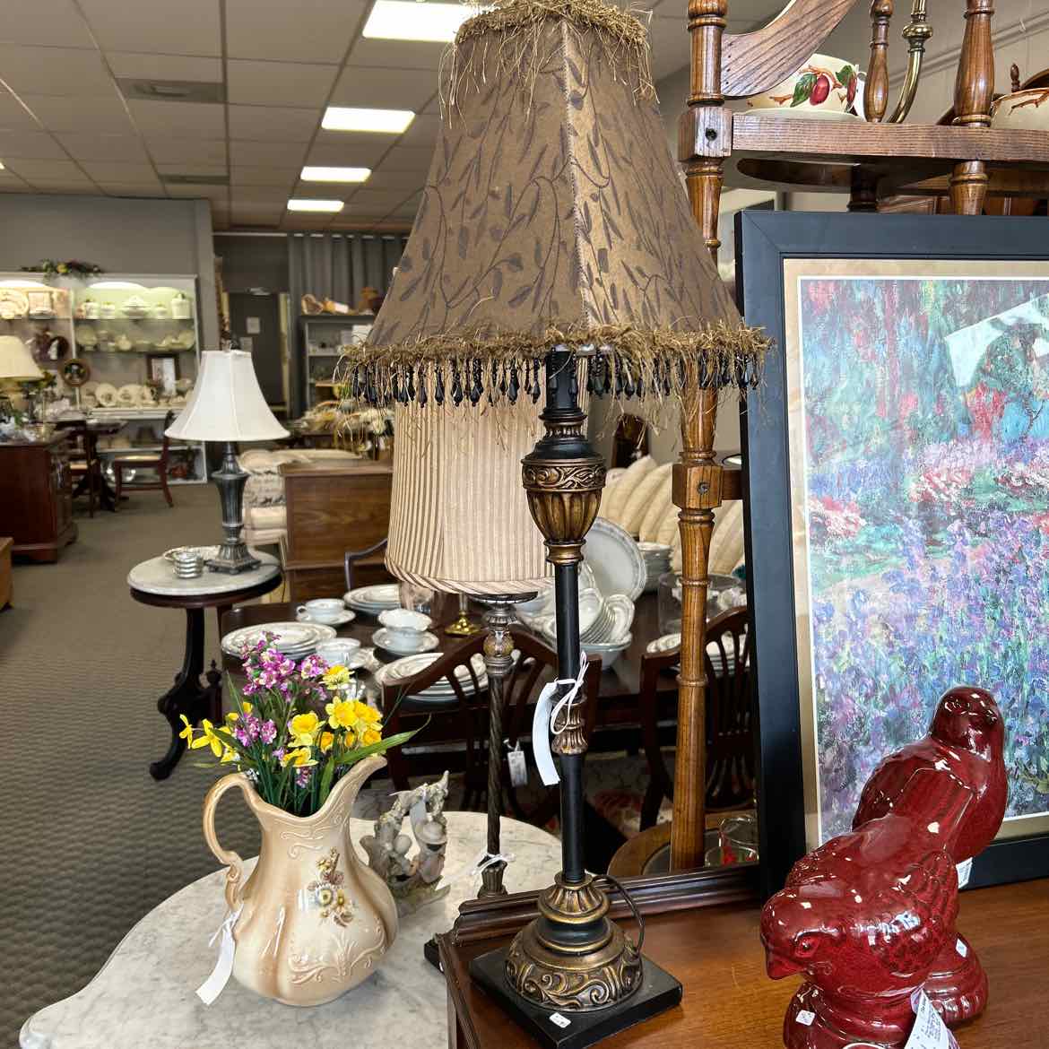 Tall Metal Sofa Lamp w/Brown Fringe Shade