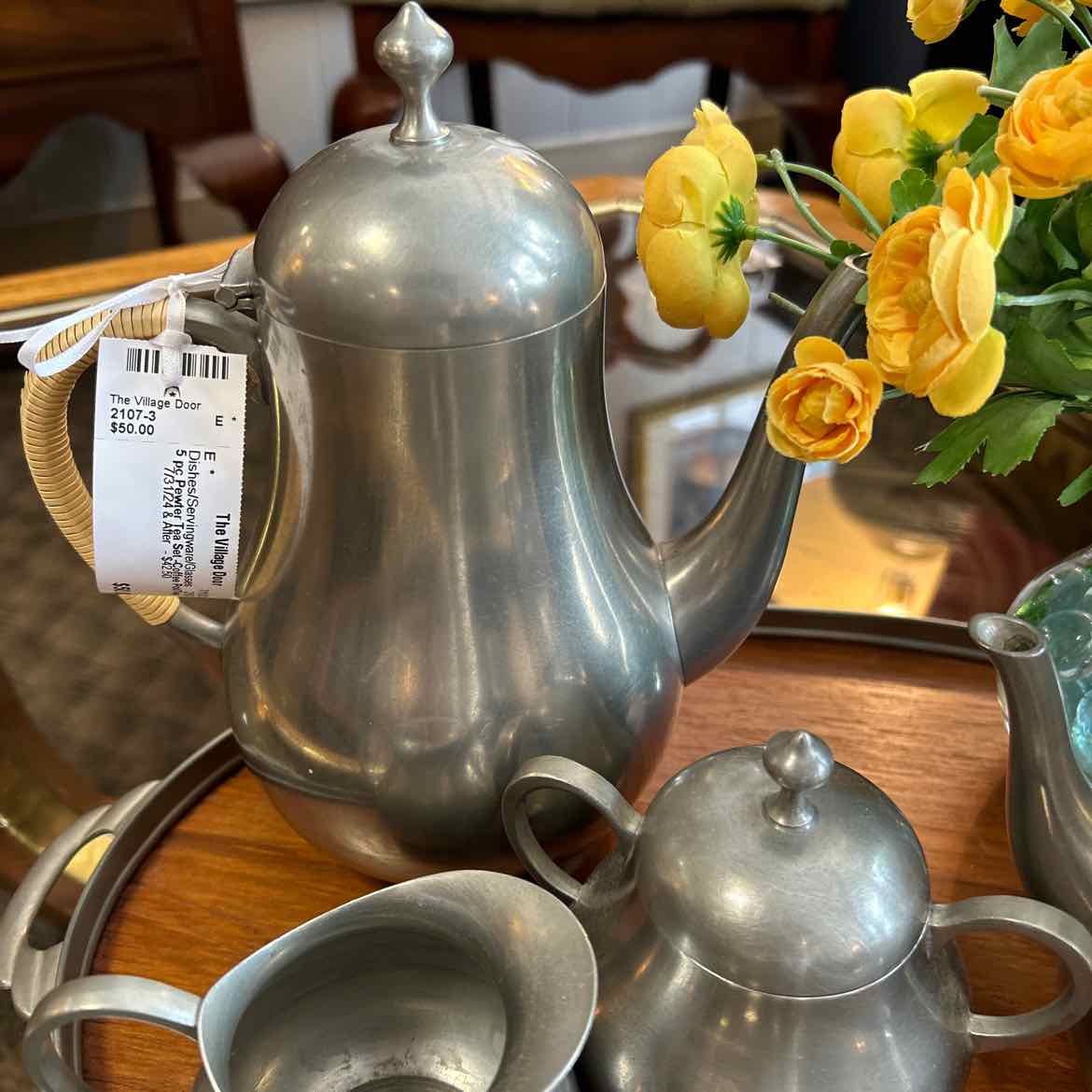 5 Pc Pewter Tea Set - Coffee Pot/Tea Pot/Sugar/Creamer/Tray