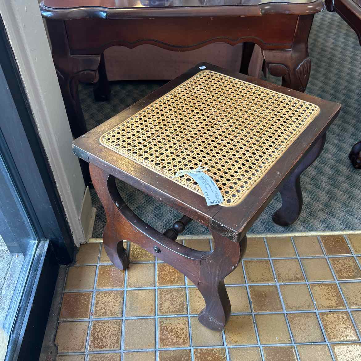 Brown Wood & Cane Top Stool