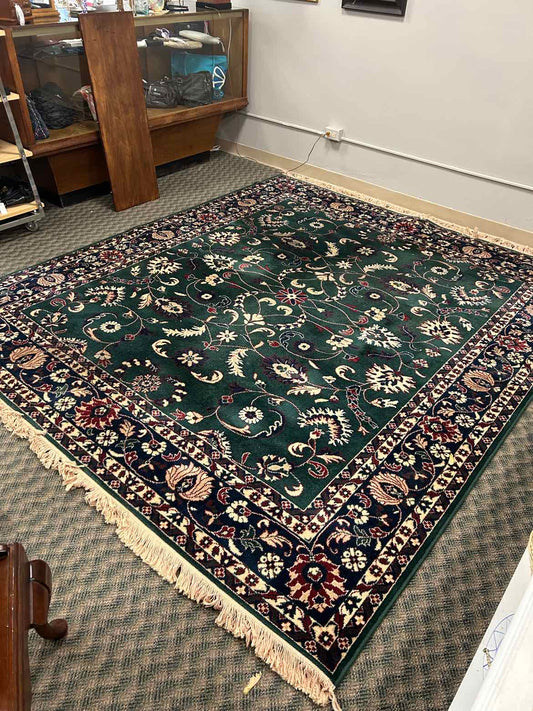 Wool Green Floral Rug w/ Fringe