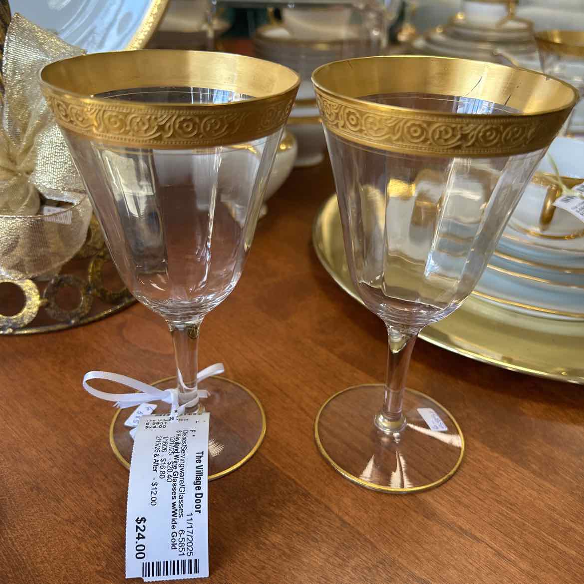 6 Haviland Wine Glasses w/Wide Gold Band