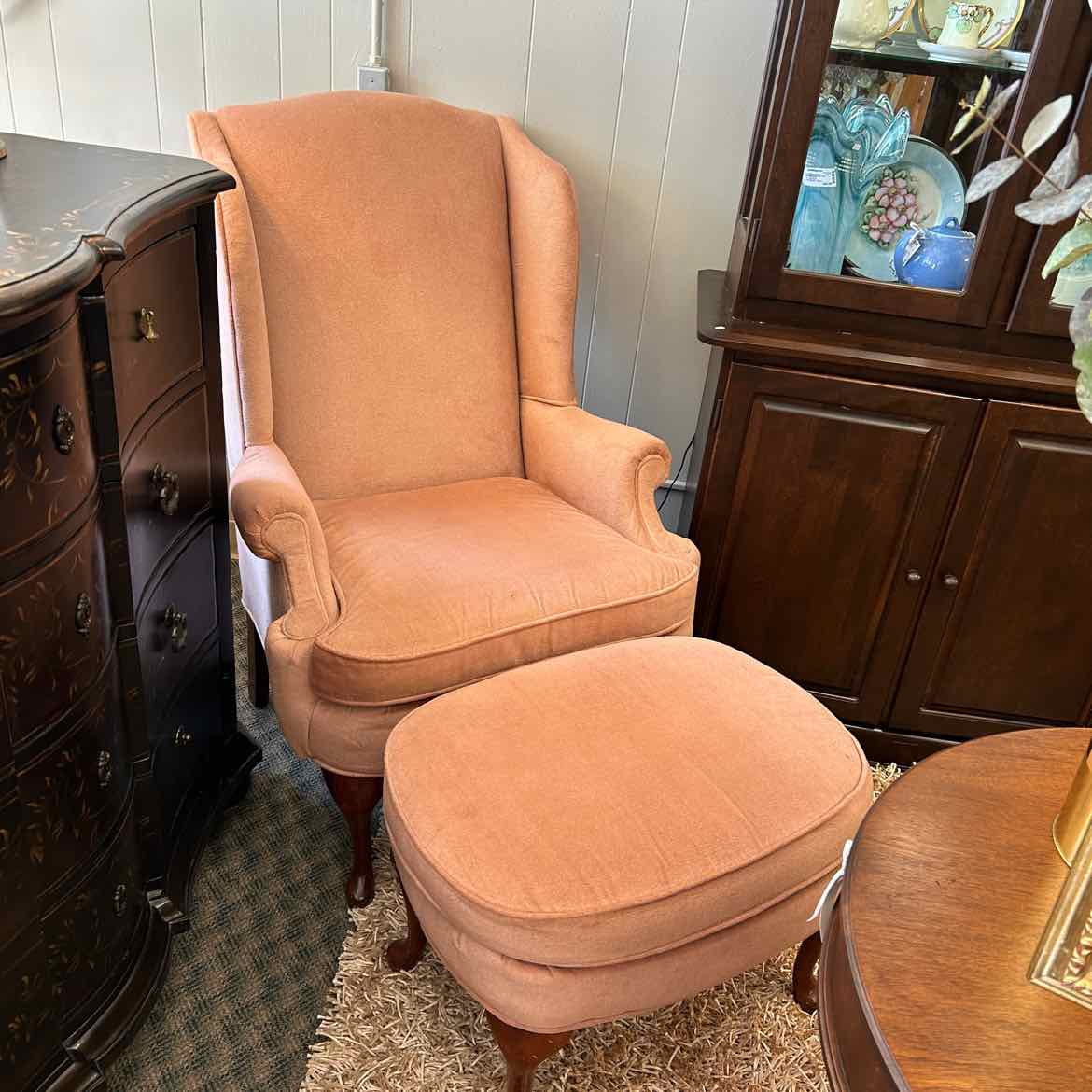 Salmon Upholstered Wing Chair w/Ottoman