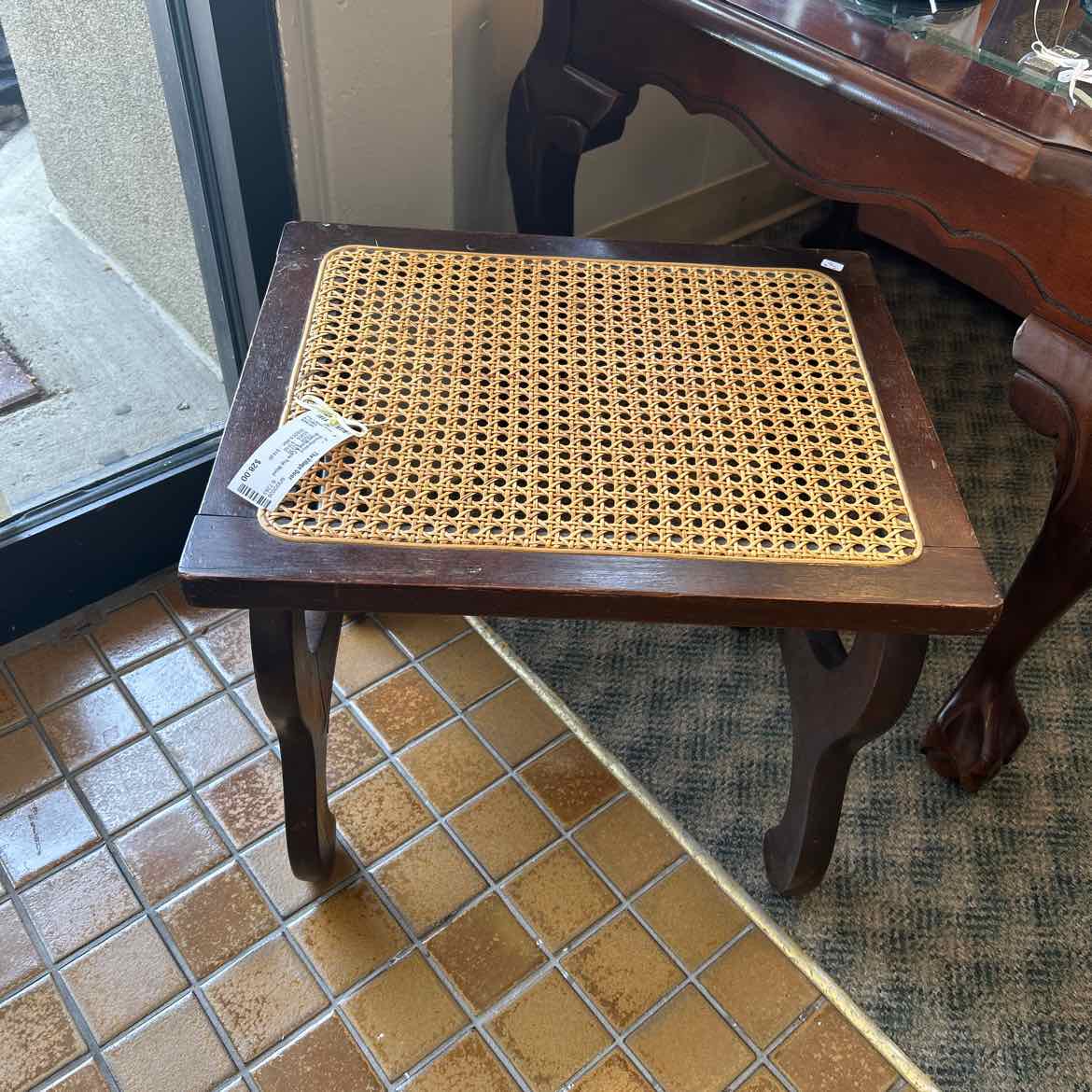 Brown Wood & Cane Top Stool