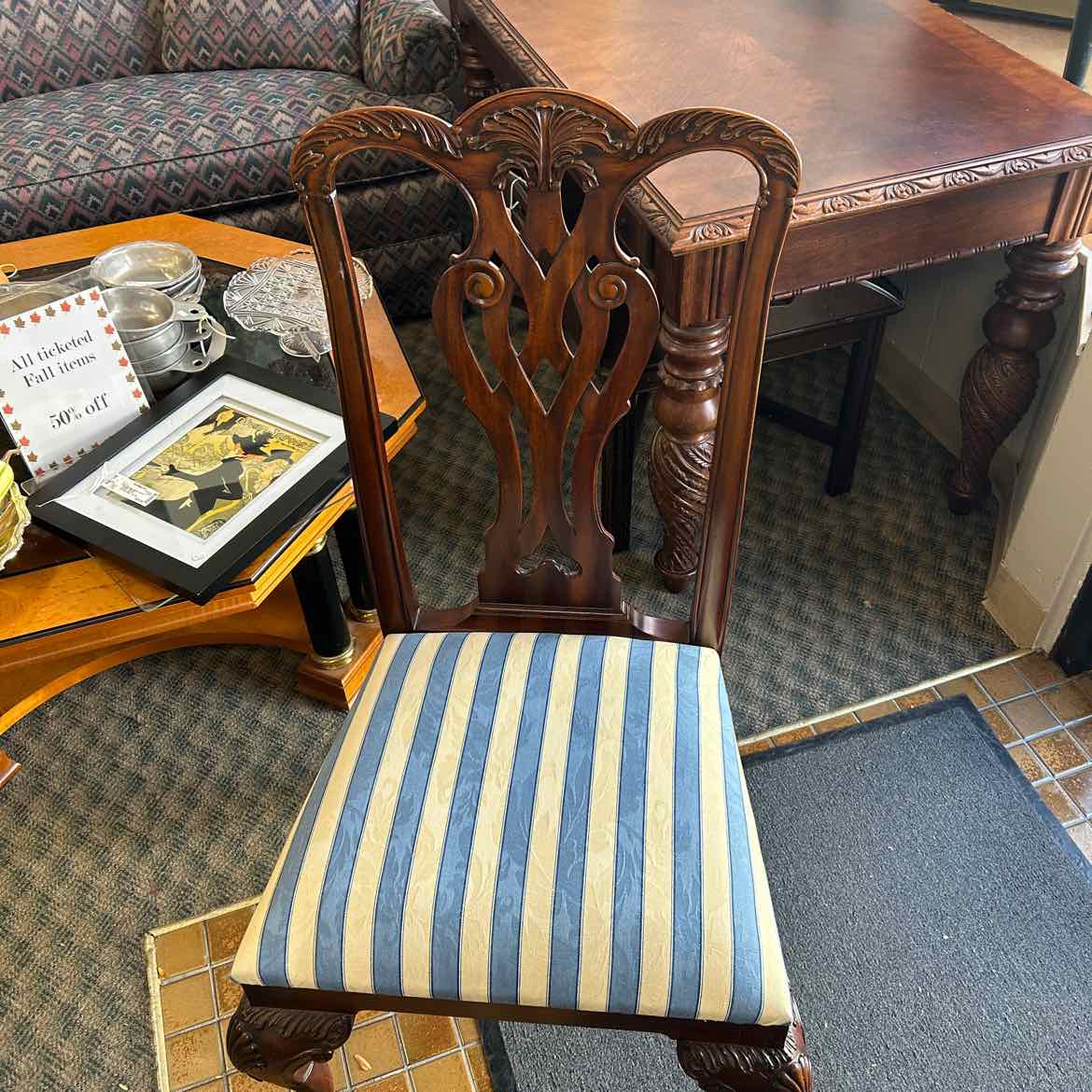 Wood Chair w/Claw Feet & Blue/Tan Upholstered Seat