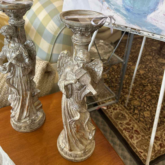 Sparkly Silver Angel w/Violin Candleholder