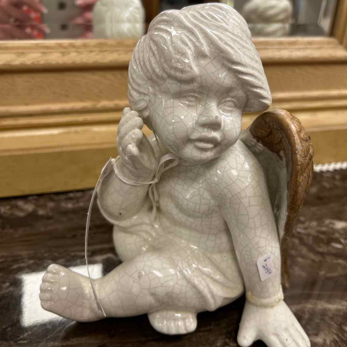 White Crackled Sitting Angel Figurine AS  IS
